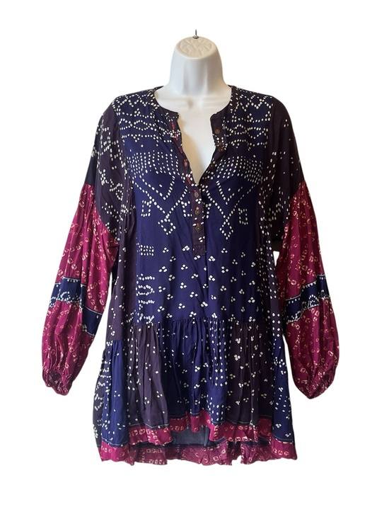 Free People Dresses & Skirts - Free People Shibori Mini swing dress Tunic blouse XS Long balloon sleeves top